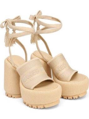 Naked Wolfe Cream Ribbed Platform Ankle-Tie Sandals